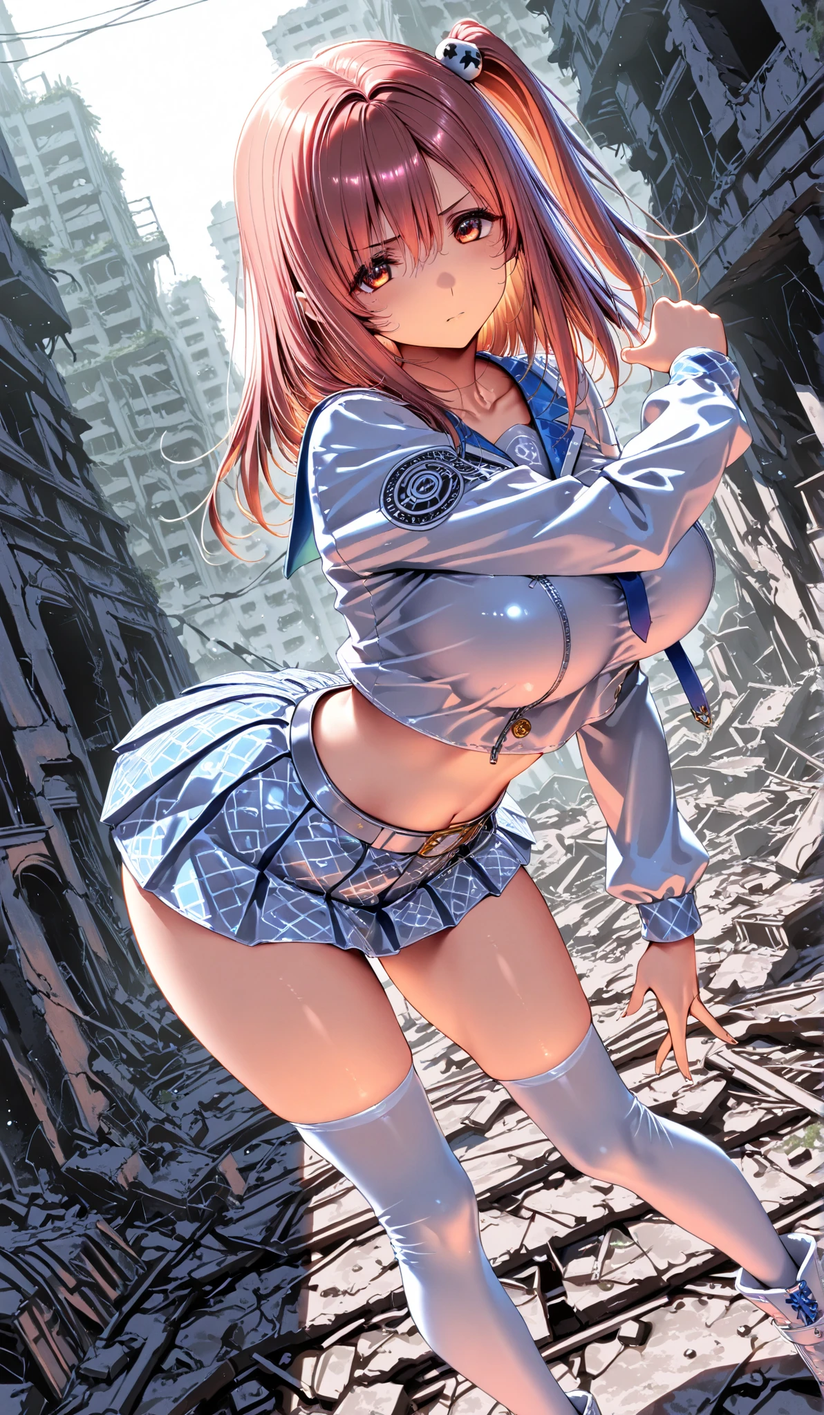 White liquid on the whole body、The whole body dirty with yogurt、お漏らし、peeing herself、One woman pulling up her skirt、Wet、Heart and white panties、crouching down、open one's legs、Taken from below、low angles、(A hyper-realistic), (illustratio), (hight resolution), (8K), (ighly detailed), (The best illustrationeatiful detailed eyes), (top-quality), (ultra-detailliert), (masterpiece), (wall-), (详细的脸), drooing eyes、glares、angry looking face、Straight short hair、orange color hair、Shyness、glares、up chest、独奏,、breastsout(camel's toe)、Half Face、Dark blue school uniform、School run