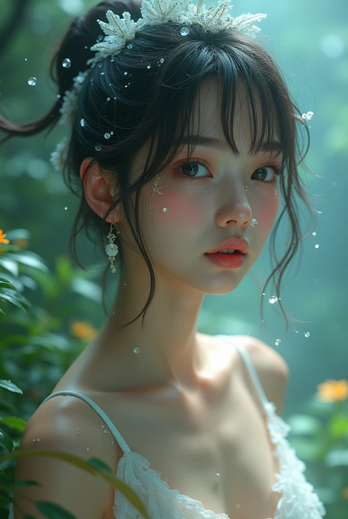 (((Full body image of a woman))),(Model shooting style), (shy), 1 girl, Lonely, Shiny black hair、 Extremely rich facial detail, Beautiful Eyes, cute, Slightly red cheeks,bright, Eyes, Stunning beauty, (Rembrandt Lighting), ARRI Lenses, Surreal, (Skin with attention to detail:1.2),4K,ARRI ALEXA LF,Promise, Dramatic Rim Light,Sparkle Effect, high quality,Very delicate and beautiful, wonderful, In detail, masterpiece, Very detailed, High resolution,Best Shot, (Best Shadow),Exquisite contrast,Complex,Sharp focus, high quality, 1 Japan woman, alone.cute,Fuka Koshiba,Yuki Sakurai,Magnificent waterfalls,(water droplets,rainbow),Mist-like droplets,Wet,Lens flare,No sleeve,Frills,Beautiful breasts,Swallowtail butterfly,A butterfly flutters,Cool eyes,Glossy Lips,An ennui smile,Glowing Skin,Transparent skin,From above,((Open your arms)),Waistline,Beautiful nipples,((No shirt, Very good, Naked underneath, Bare chest, Barely covering her nipples)),((Wet, Her clothes are transparent, Her body and skin sweat)),((View from the rear, From above見た図, Bare back)),Bloom, Flowers are blooming everywhere,Front blur,ARRI 35mm Lens flare,Sparkling Eyes,Vivid Rouge naked nude full body aroused armpit