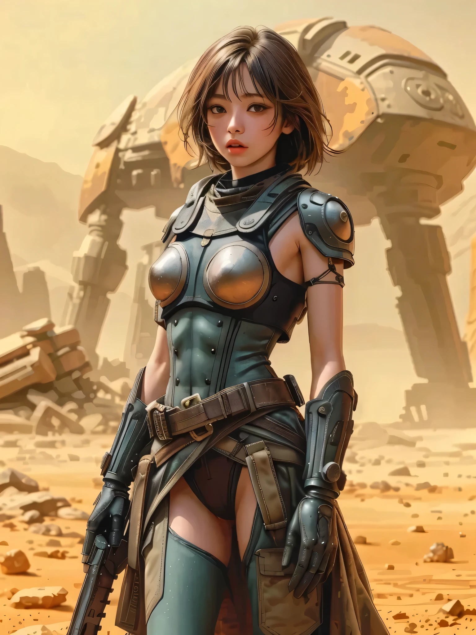 "Complete art masterpiece, high quality, ultra detailed in 4k, 8k, high resolution, hyper-realistic photo, hyper-detailed, realistic skin texture, amazing shadows, extremely detailed texture, perfect lighting, high-level image quality." A female heroine, (Fair skin, brown hair, chinese, outlined eyes, outlined face, gloves, thin body), wearing a one-piece leather tattered armor, dystopian wastland nuclear Fallout Future, sexy arms UP pose, armpit