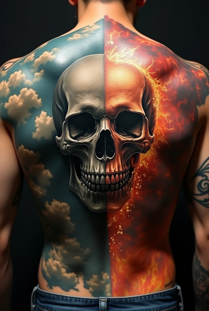a fit muscular man, detailed tattoo of a burning skull on his back, hyper realistic, 4k, 8k, high resolution, masterpiece, ultra-detailed, photorealistic, physically-based rendering, extreme detail description, professional, vivid colors, dramatic lighting, moody, dark, intense, dynamic pose, dramatic, cinematic, fantasy, dark fantasy, gothic, dramatic sky background, dramatic lighting
