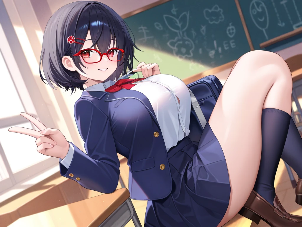 1 girl, thighs thighs thighs thighs, School uniform, Single, Skirt, Sailor collar, Sitting, Pleated skirt, Glasses, serafuku, Chalk Ring, Look at me, food, Chest, Shirt, Indoors, Short hair, Stockings, window, Big breasts, muffler , plant, hawke, Miniskirt, 鎖骨, Smile, zettairyouiki, Thigh, between legs, Semi-rimless glasses, Bangs, cheek, hair between eye, Hand up, dish