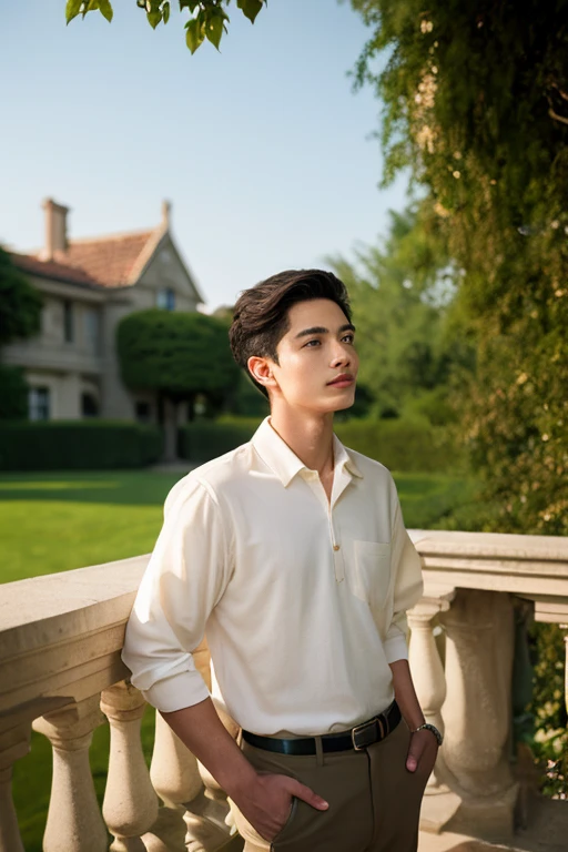 The boy is sitting on a bridge across the sea, The dress she's wearing will be same, His face will be real., As you can see in the original photo, His face is real and his body's clothes are also real., His hair is black.,
