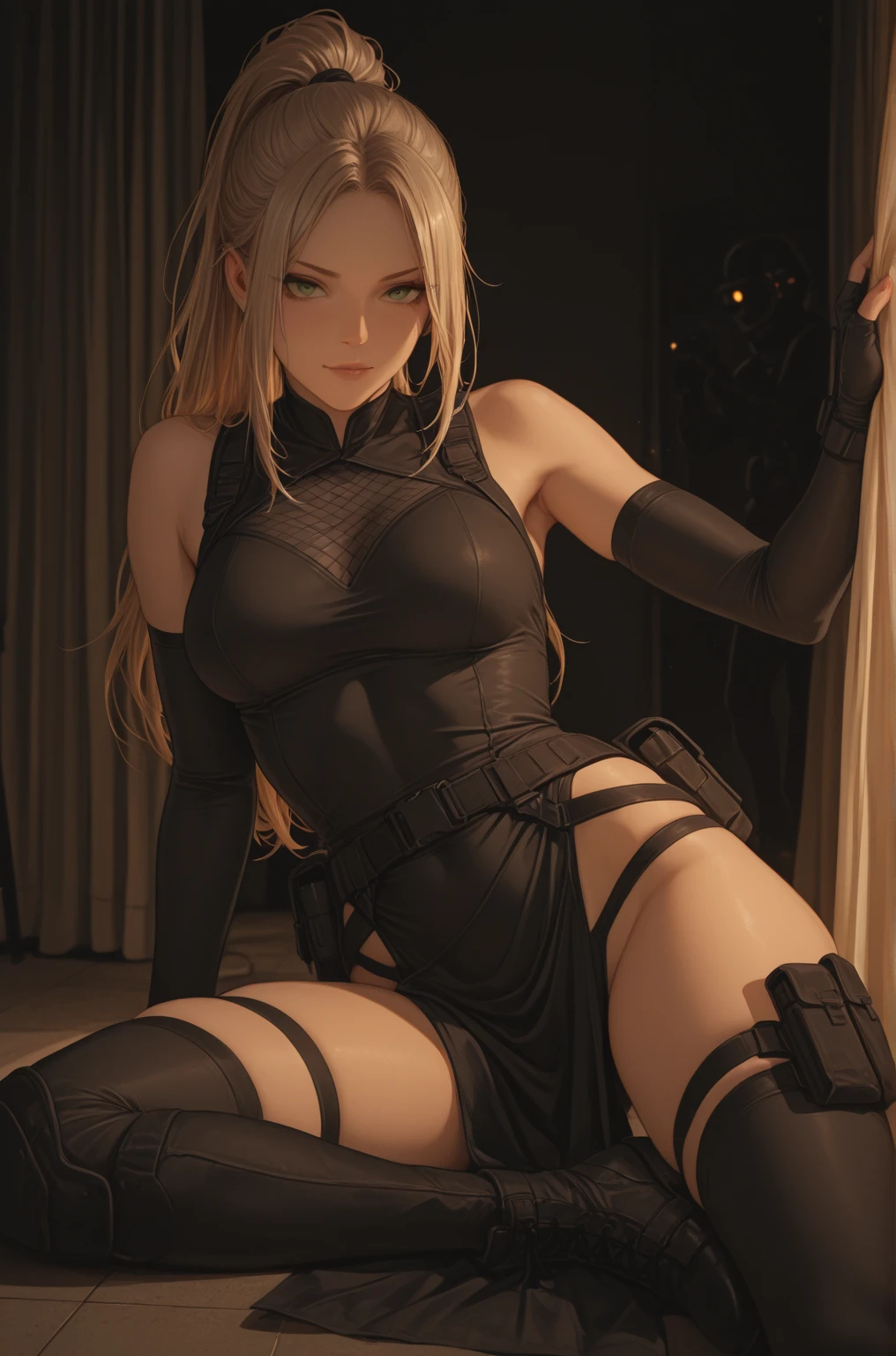 (masterpiece, highest quality, High resolution, Super detailed, 8k, 4K), Art Book、Black Nurse、Black long gloves、Black garter stockings、Black Mask、Full body tattoos、(operating room)((Black glasses))、Black nurse uniform、Small breasts、Shiny Costumes、Black Bra、Black shorts、Sit on a chair、((Angle from crotch))Black Nurse Cap、Have a medical record