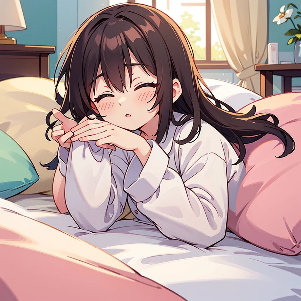 Highest quality, masterpiece, Ultra-high resolution, 8K,Show anime style , Soft line drawing, Digital Enhancement, shojo anime touch, shojo manga core, Flowing fabric, close, Soft Drawing, Ultra High Definition Digital Anime Art, Clear facial depiction, Highly detailed girl manga character art, Ultra-detailed manga style, Highest qualityの色,((( 1woman))),(短い茶色の髪のwoman), Wet Hair,Beautiful brown hair, Clear brown eyes, Slightly thicker,Small breasts,pajamas,((She is sleeping in bed with the covers over her)),I sleep in the bed with her, Her peaceful sleeping face,She wakes up,私 call out good morning,((She smiled seductively in the same position.)),(Focus on the face)