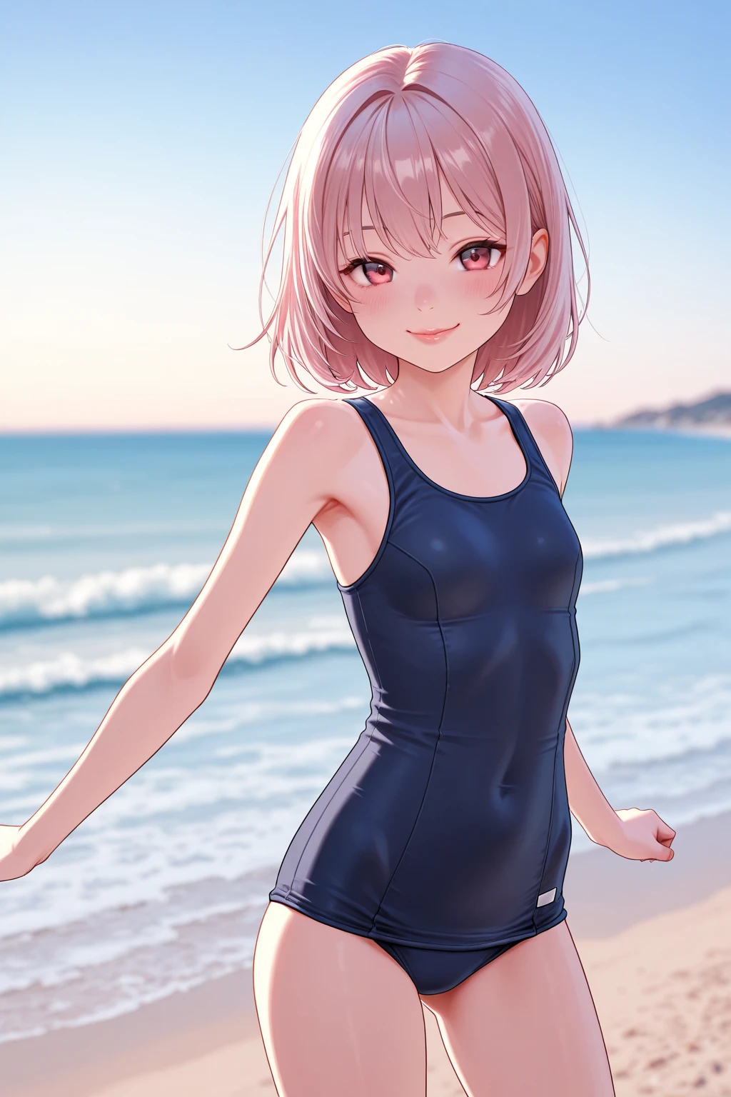 masterpiece、highest quality、Very detailed、Photograph the upper body、1 female、(Put your arms behind your back:1.4)、Are standing、Turn your body forward、View your audience、(School Swimsuit)、blush、shy、Pink Hair、Open your mouth、Ocean、Big Breasts、