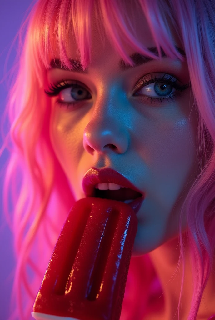 (full body shot:1) photorealistic image of a (laying pose:1) woman, ultrarealistic, photography, long rainbow-coloured hair, woman, 24 years old, hourglass figure, perfect body, Flirty look, natural big breasts, blur background, her wet tongue licking a thick and long rainbow-coloured spiral lollippo, a little bit of saliva is dripping from her tongue, seductive look, ((highest quality, 16k)), light shines on your face, highly detailed face, highly detailed lips, green eyes, natural makeup, ultra realistic, night scene, dim artificial lighting