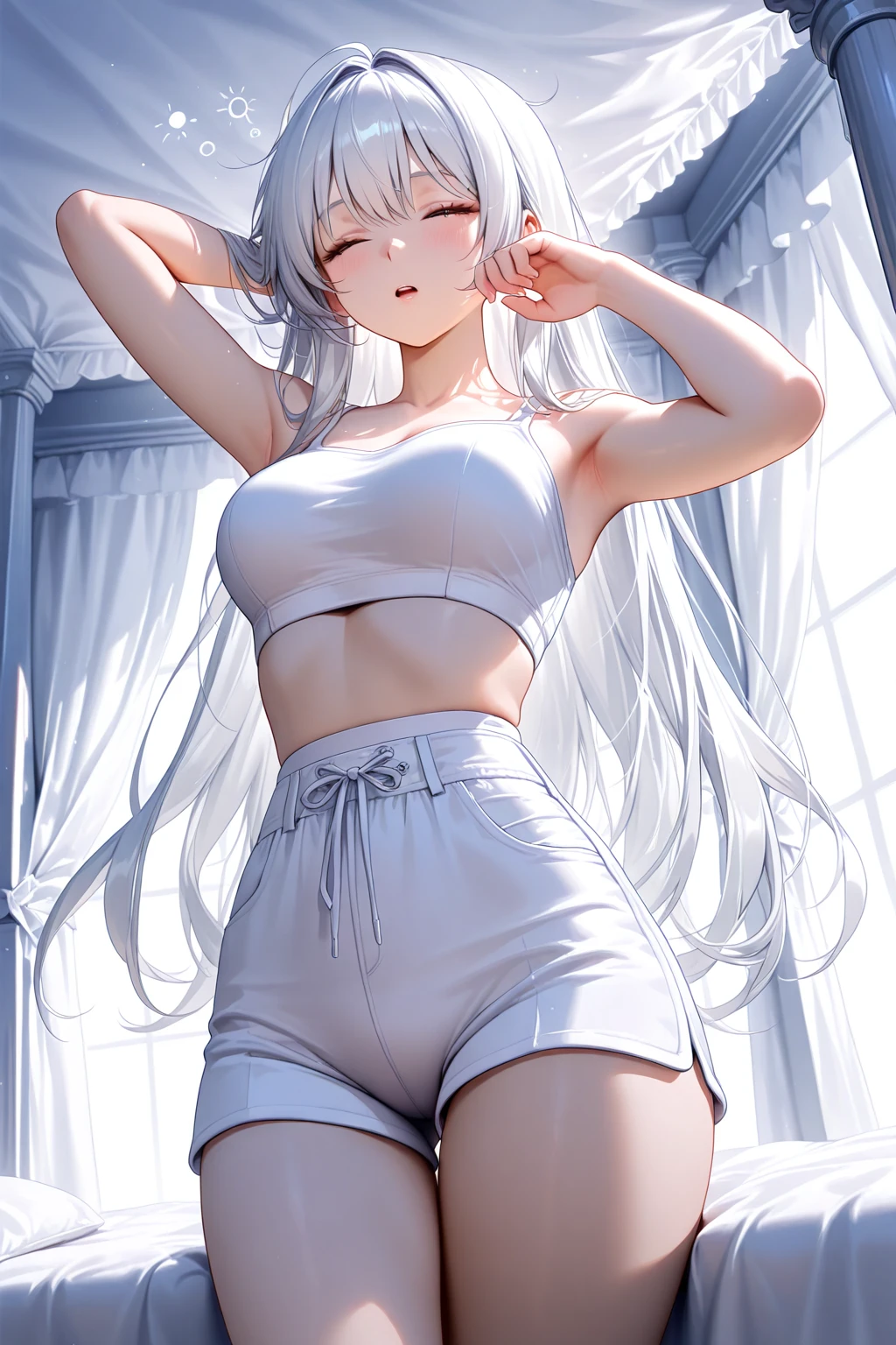 a girl wearing a tight white crop top, high-waisted blue jeans, very pale skin,  y2k style, y2k aesthetic, hyperrealistic, 8k,  detailed, masterpiece, cinematic lighting, warm tones, (small breasts)