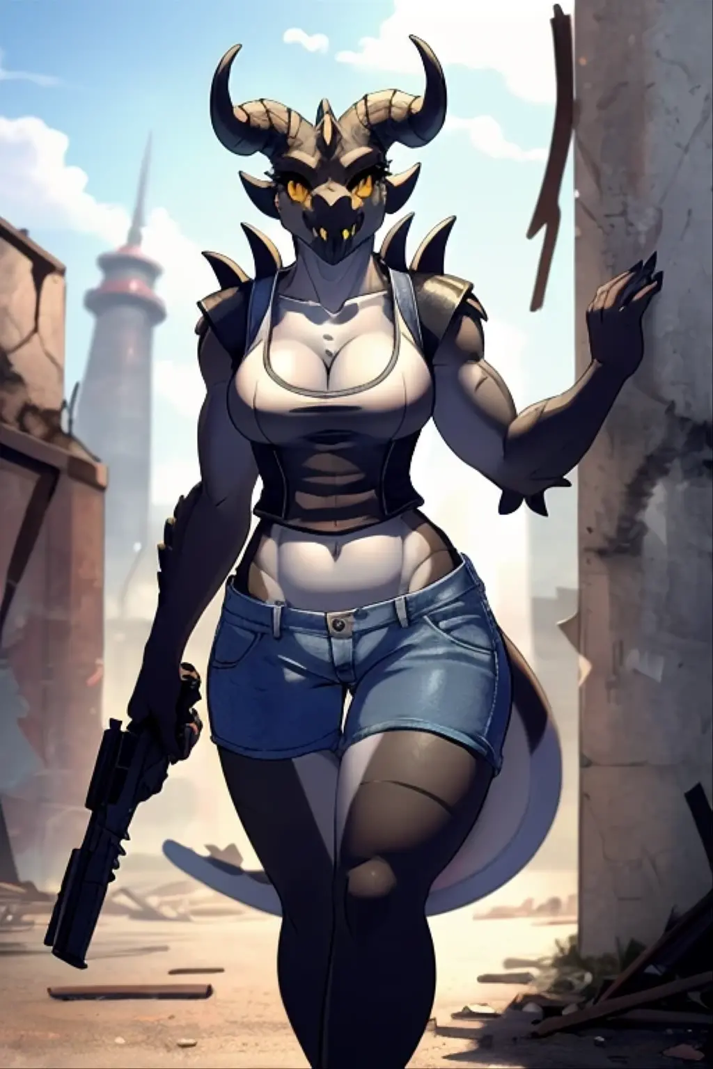 ((4k)), (best body), (sexy women), Solo, score_9,score_8_up,score_7_up, kemono style, Anthro deathclaw from fallout, Anthro reptile girl, snout, green scaled skin, gold eyes, black lips, black horns, black ram horns, athletic body, smiling, walking in a ruined city, holding a rusty gun, wearing bodyarmor, bulletproof vest, blue jean shorts and a blue tank top, sfw, intimidating woman, monstergirl, commission for high res, female dragonborn, well designed female dragon head, anthro lizard, female fursona,  