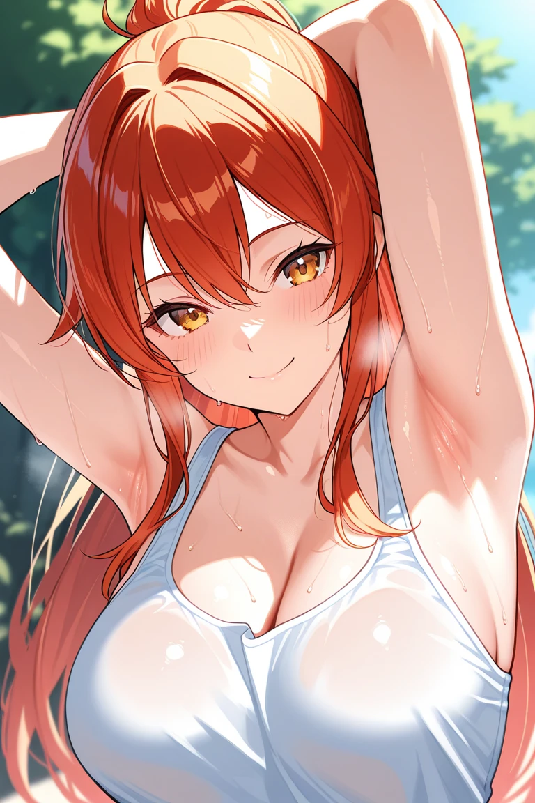 score_9, score_8_up, score_7_up, score_6_up, uncensored, Yuuki Asuna, absurdly long hair, orange eyes, orange hair, very long hair, lips, shiny skin, sweating, wet, wet hair, steaming body, heavy breathing, large breasts, detailed body, detailed eyes, embarrassed, blush face, BREAK (masterpiece:1.2), best quality, high resolution, unity 8k wallpaper, (illustration:0.8), (beautiful detailed eyes:1.6), extremely detailed face, perfect lighting, extremely detailed CG, (perfect hands, perfect anatomy), navel, bare_shoulders, nude, naked, looking_at_viewer, collarbone, jewelry, water, breasts, floating_hair, outdoors,