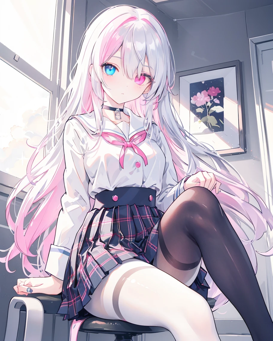 1girl, Cat ears, grey hair, streaked hair, pink hair, long hair, hair between eyes, twintails,
highly detailed, Beautiful eyes, 8k, highres, absurdres, beautiful eyes, colorful, light rays, caustics, aistics, lens flare, bokeh, A small chest, pink eyes, White silk stockings, blush, anime, masterpiece, beautiful scenery, illustration, Pink underwear, white striped underwear, Wear underwear only, No coat, no skirt