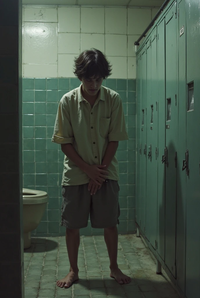 a pubescent boy getting wet/getting soaked with the school uniform (chicken, pants, socks and shoes) in the shower all wet and dripping