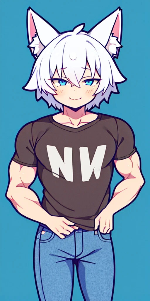 , White and blue fur, Shota, blue eyes, Messy hair, White hair, short hair, masterpiece, Very detailed, Sportswear solo,Standing,Looking at the camera,On the grass,Wolf's facial features,Blue hair,Wolf paw,Wolf Tail