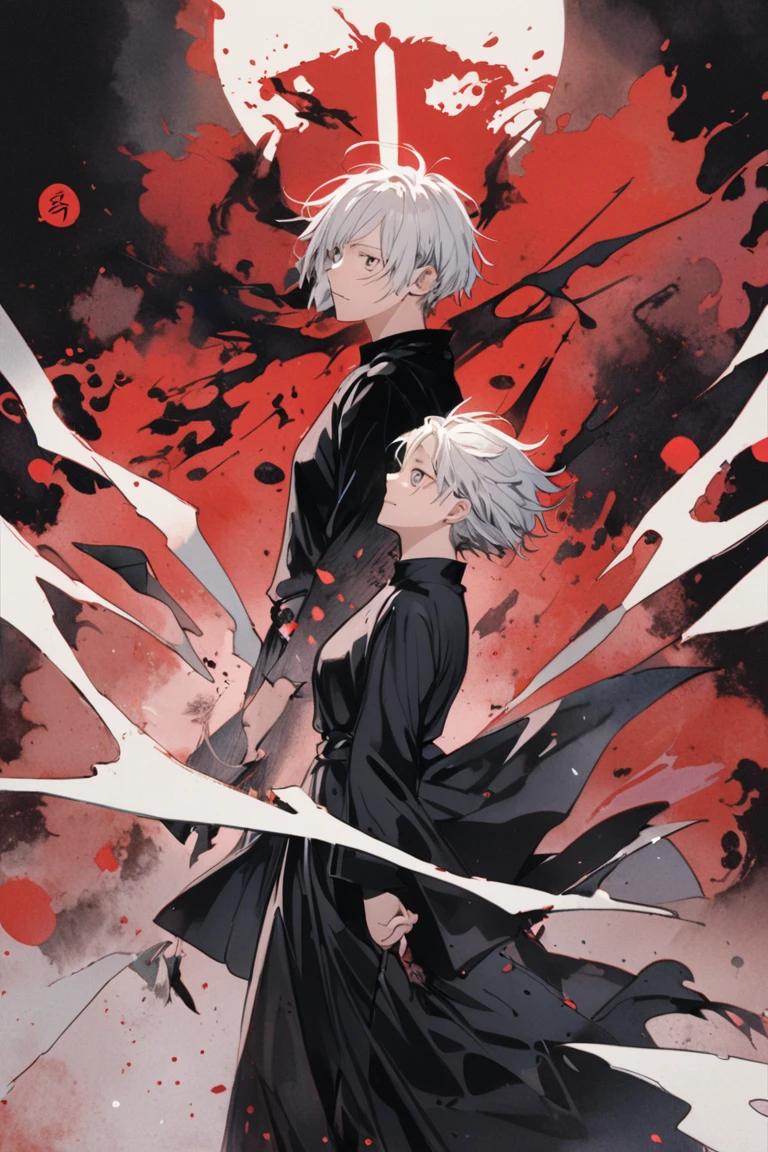 A male god,dark,Black clothes,Dark Ability,short hair,Extremely evil,Black-red tones,Wearing silver chains,((Pure black background))