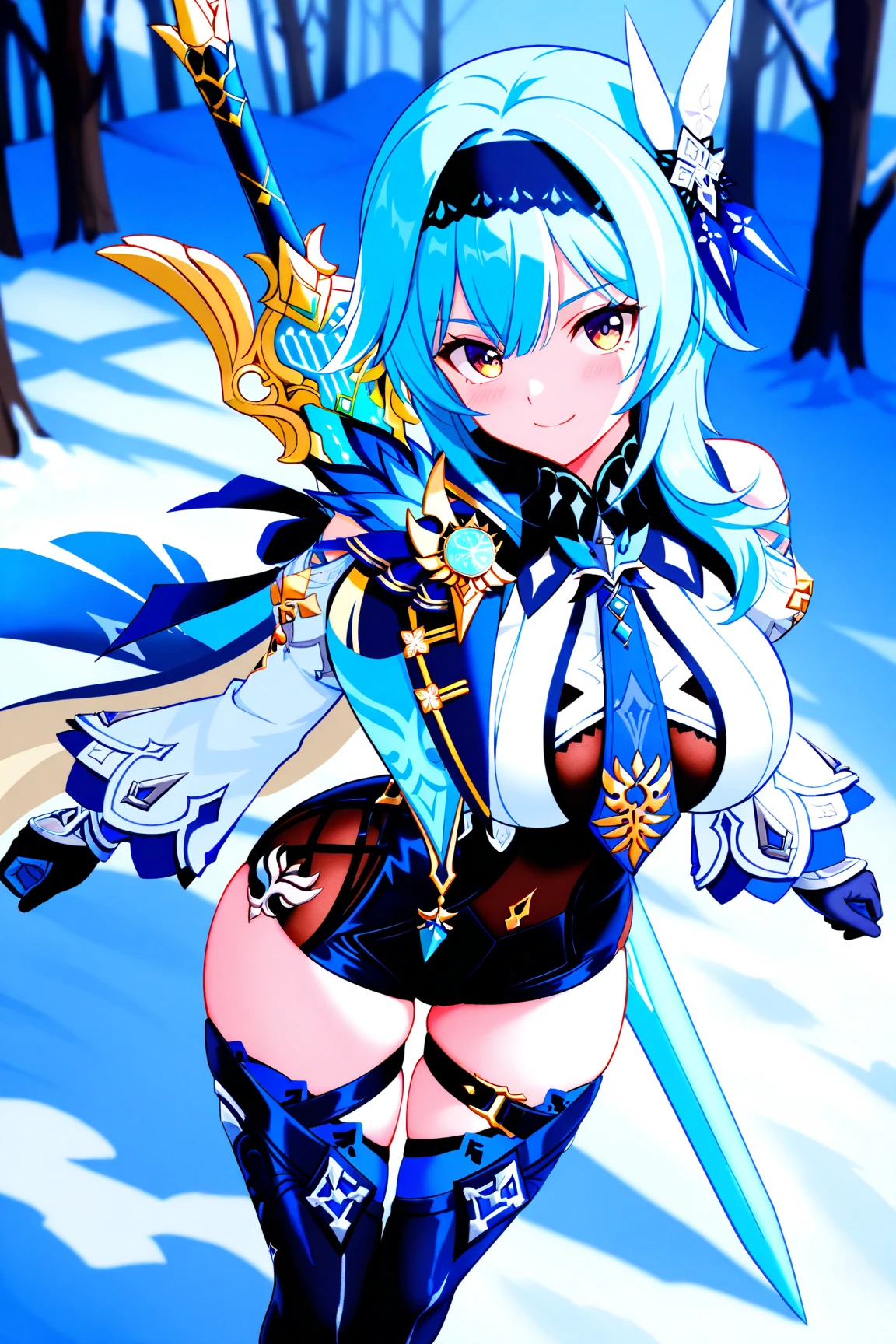 high quality,HD,16K,Sharp Line,1 Girl,fantasy, (ice elf),Pretty Face, Large Breasts, Beautiful legs,In the mountains,Focus Girl,detailed Pretty Face,Detailed clothes,beautiful eyes,Cool,Sexy,Dynamic Angle