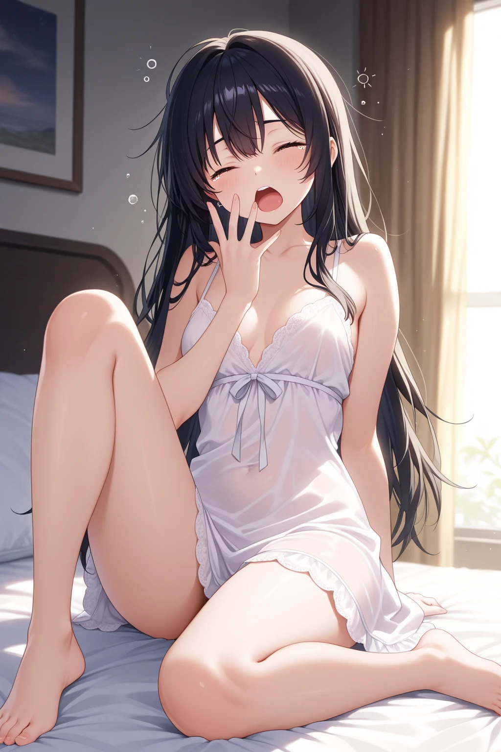 maisakurajima, Mai Sakurajima, Long Hair, bangs, Sleep with both eyes closed,Windows，Romantic Starry Sky，A meteor crosses,pink nightgown,White string underwear,barefoot,Sleeping lying on your back in bed,night,Sleep with your head on the pillow,Dark Room,night, moonlight,
break indoors, Bedroom,
break (masterpiece:1.2), highest quality, High resolution, unity 8k wallpaper, (shape:0.8), Highly detailed face, Perfect lighting, Highly detailed CG, (Perfect hands, Perfect ???????),