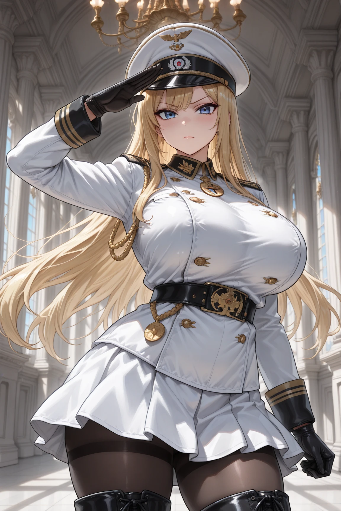 masterpiece, best quality, highres, aanitta, (very long hair), (black peaked cap), earrings, big breasts, cleavage, muscular body, military uniform, epaulettes, badges, (black shirt:1.2), (gold trim), (bulletproof vest), (red ascot), black sleeves, long sleeves, (black pants), utility belt, (belt pouches), cargo pants, (white gloves), cowboy shot, standing, smile, closed mouth, facing the viewer, looking at the viewer, simple white background
