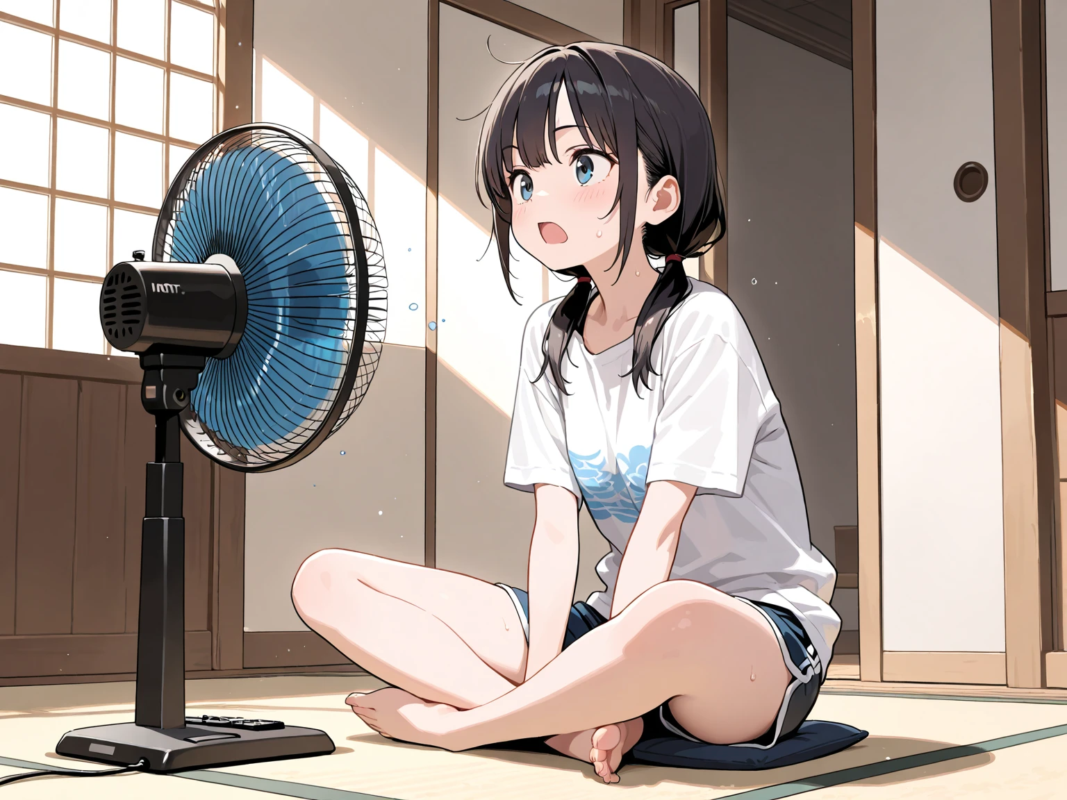 score_9, score_8_up, score_7_up, source_anime, best quality, masterpiece,official art, absurdres, highres, waifu2x,Collection: Slice of Life,break,1girl, tomboy, dark-skinned female, short hair, low ponytail, flat chest,  beautiful detailed eyes, short shorts, sweat, open mouth, (yawn:0.3),  sleepily, indoors, tatami, electric fan, wind, break,(clear line illustration:1.2),very high resolution, very aesthetic, super detailed skin, Best sexual lighting powered by famous artist, 8k,cute picture,beauty illustration,photoshop_(medium),,(Detailed Lighting)
