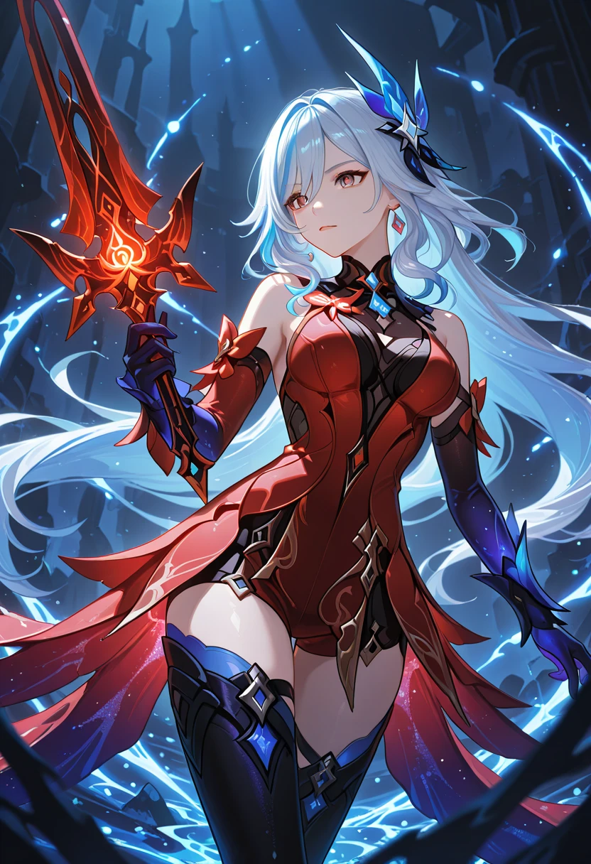 a lady with Long, flowing hair with icy blue and fiery red streaks, one ember red eye and one icy blue eye, gradient cape from icy blue to fiery red, form-fitting bodice with crystalline ice and flame motifs, asymmetrical sleeves with one frosty and one fiery, icy blue glove with frost patterns and fiery red glove with flame designs, hybrid design pants with one leg in dark fire-resistant material and the other in crystalline fabric, knee-high boots with one icy and one volcanic, dual-themed belt, snowflake and flame earrings, color-shifting pendant, aura of cold mist and flickering flames, staff or dual blades with icy crystals and molten lava, (nude:0.9) detailed gorgeous face| anime style| key visual| intricate detail| highly detailed| breathtaking| vibrant| panoramic| cinematic| Carne Griffiths| Conrad Roset| gibbli 8k
