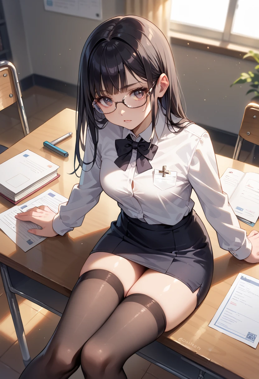 Highest quality、masterpiece、High sensitivity、High resolution、detailed、One Woman、Slim Body、Glasses、mini skirt、Knee-high socks、