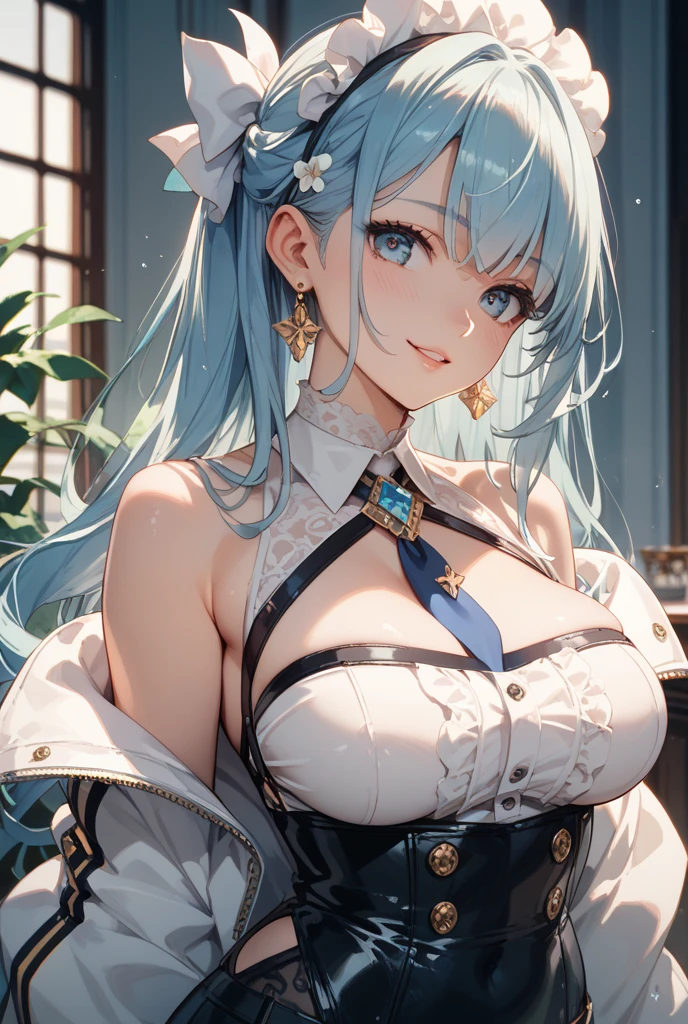 (highest quality)), ((masterpiece)), (family friendly), Perfect Face,Shiny skin,Beautiful breasts,Shiny skin、Kyoto Animation style painting、Short Bob、Cat ear、Double teeth、Sky blue hair color、White tips of hair、Red hairpin on bangs、Golden Eyes、Sunburned skin、night、
、White and light green pilot suit