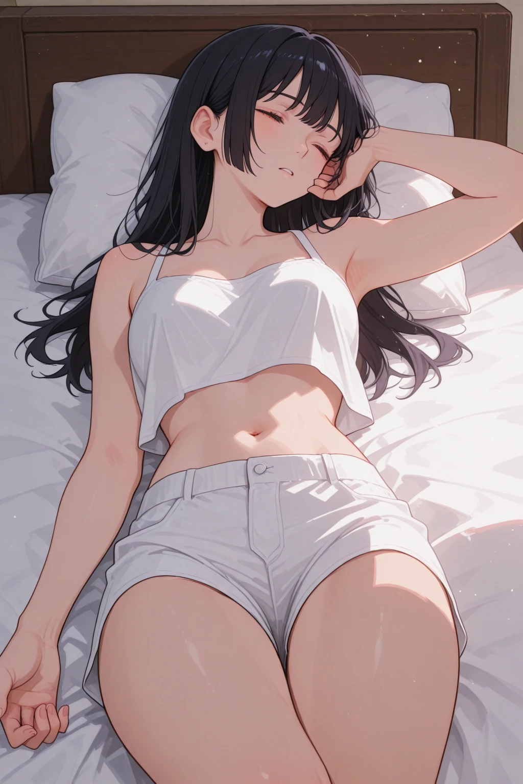 masterpiece, Highest quality, 1 girl, 14 years old 、Cute Face、Beautiful face in every detail, (Embarrassing), Black hair short ,Browsing Caution, (Sweat), White loose camisole、One shoulder exposed、????? nipples、hot pants、 (Big Breasted、thin)、((breast from the side、hot pantsが脱げそうです))、Shooting from the side、(Sweat、Sweat)、Wet body,Wet Hair、Voice of the Heart 、Comment with Embarrassing in Japanese、best quality images、((Sleeping on the bed,lying on thebed)),perfect body