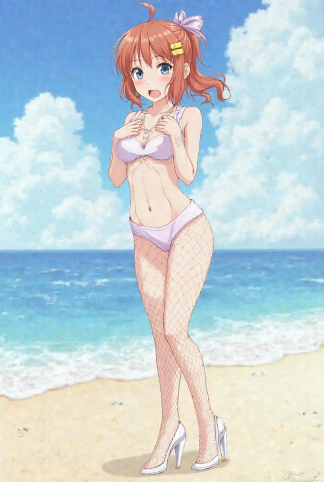 Anime illustration Aoikan, 1 person, Pink bandeau bikini, Big Breasts、 blush, Cute Smile Open your mouth, Are standing, (She walked along the beach at sunset and rainbow, touched the water barefoot, and came closest to that smile.),, barefoot, Two Arms, (cinematic angle:1.1),