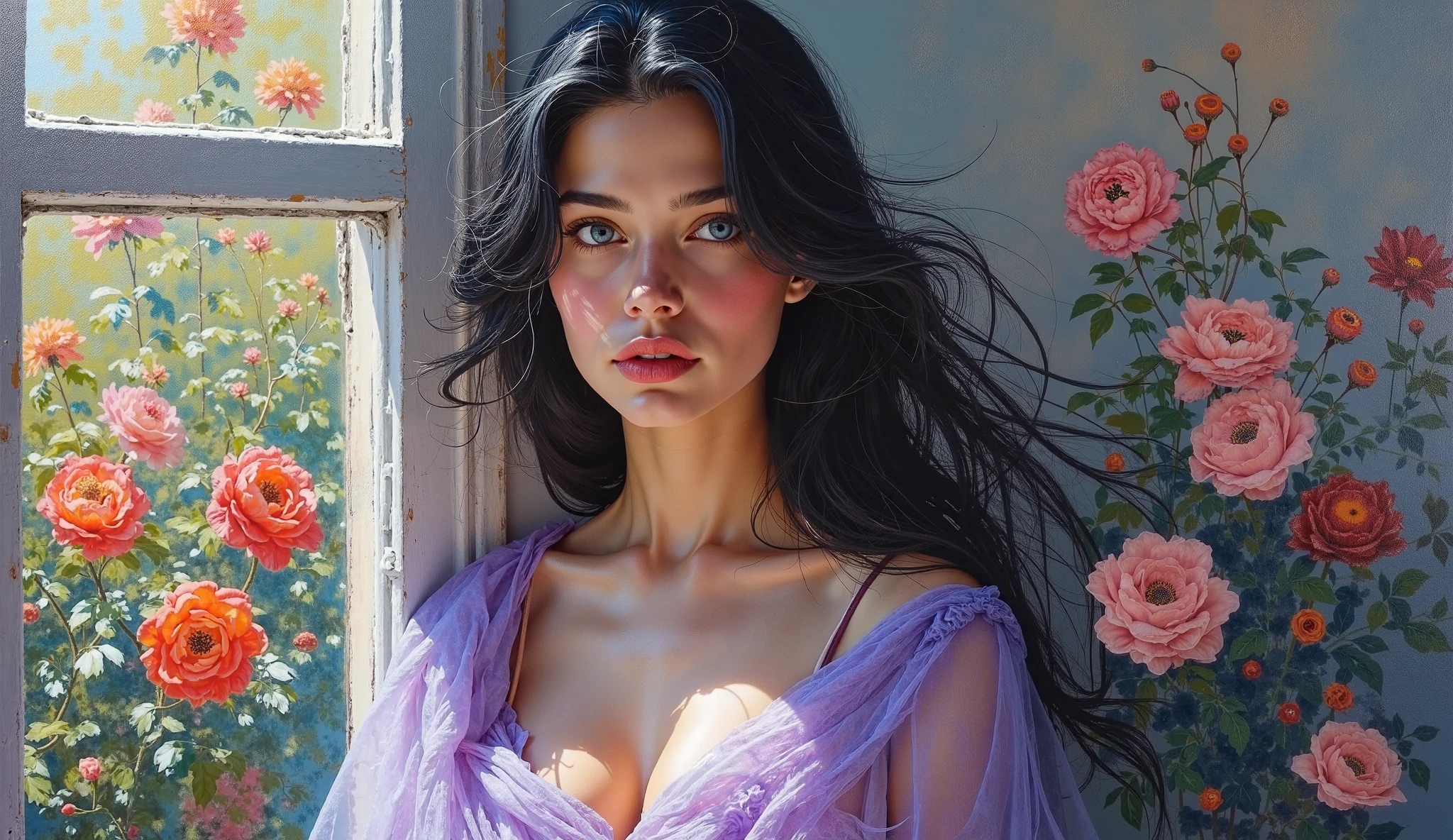 (highres, realistic:1.37), group of girls, beautiful detailed eyes, beautiful detailed lips, longeyelashes, curvy figure, busty, slim waist, confident smile, elegant pose, vibrant colors, regency era, by norman lindsay, bokeh, oil painting style, soft lighting, romantic setting, blooming flowers, diaphanous flowing dress, graceful movement, delicate features, alluring gaze, sexually alluring, face not in shadow