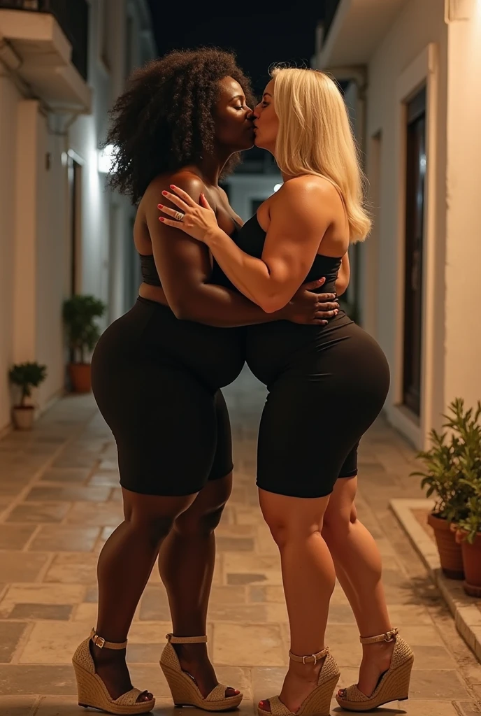 black woman hair in a bun black hoodie black leather short shorts a old grandma in a dress kissing her ass behind her squeezing her butt