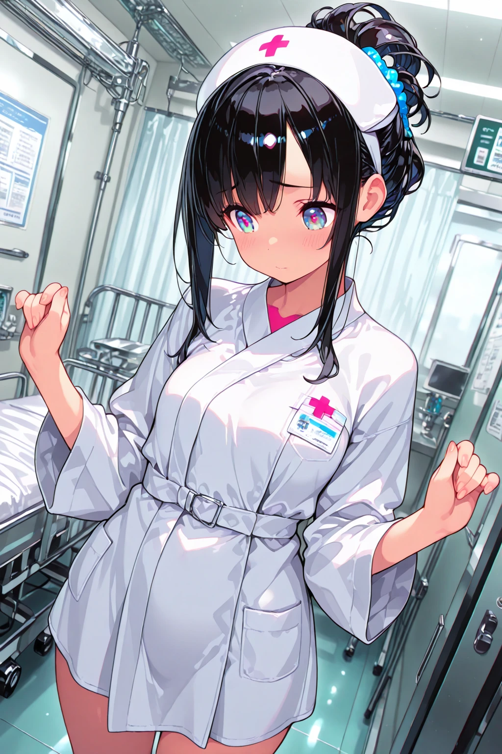1boy, solo, male focus, nurse, white nurse cap, white nurse uniform, ((white legwear, zettai ryouiki)), white gloves, long hair, purple hair, red eyes, ((white surgical mask, covered nose)), standing, ((hospital room)), sharp outline, short sleeves, shota, 12 years old, best quality, masterpiece