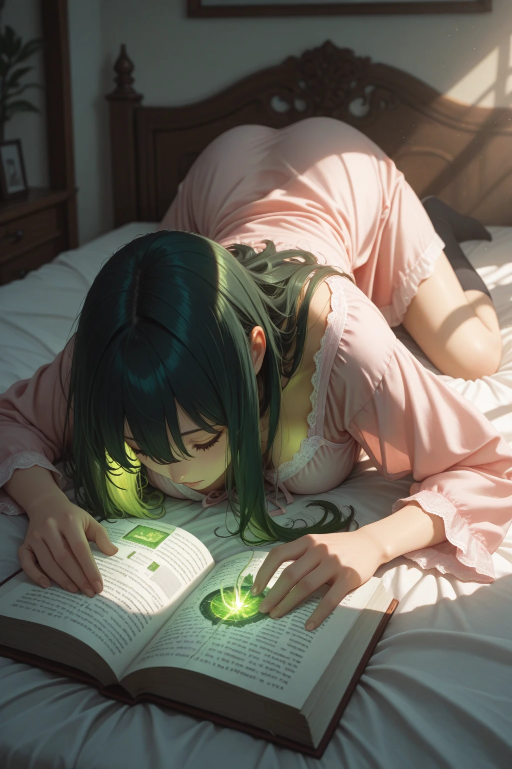 A girl,Girl,beautiful zombie,Glasses,Skin of color,Green Skin,black eyes,Green Skin,Black Hair,Bare legs,Green Skin,White long skirt,Sitting on the bed,Reading