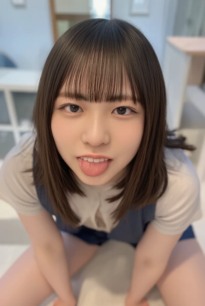 ollarbone,black t-shirt,off-shoulder look,Black and pink checkered short skirt,open mouth,tongue out,cum on tongue,Sitting on a black sofa,looking ahead,from above,flont view,face focus,open mouth,tongue out,(1girl,Beautiful 16 year old girl),((Slender,Small breasts,Small face,)),looking at viewer,Black Hair,bangs,straight,Beautiful and detailed,Mischievous smile,Dimly lit room,Simple Background,Black background,Low lighting