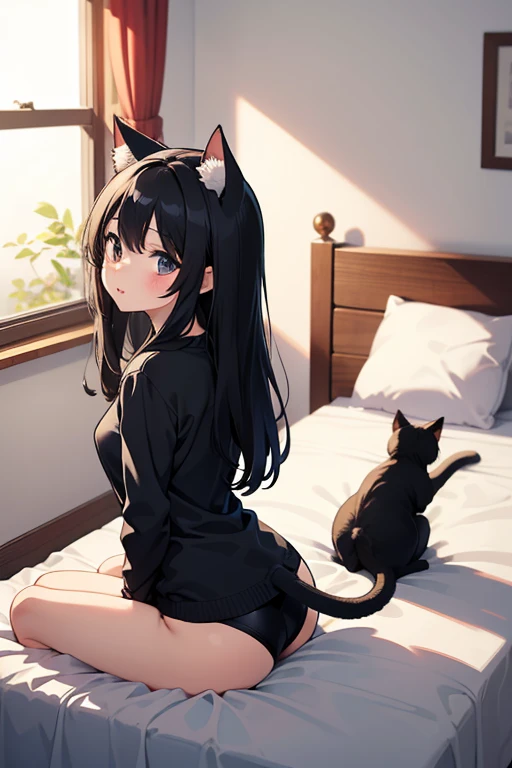 girl with black hair and cat ears in bed with cats In bikini that shows a lot of skin backview