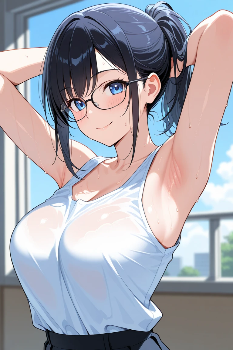 masterpiece, best quality, high resolution, UHD, RTX, pixel perfect, depth of field, 4k, highly detailed, full body, 1 girl, single, solo, beautiful anime girls, beautiful art style, anime characters, short hair, glasses, open bangs, middle hair bangs part, dark red hair, black eyes:1.4, round eyes, beautiful eyelashes, realistic eyes, detailed face, blush:1.2, fine texture:0.75, realistic texture:0.65, photorealistic:1.1, CG anime style, bright color, small breasts, cleavage, busty, dynamic angle, perfect body, POV, dynamic pose, looking at the viewer, lingerie, short jeans, fashionable handbag, 1 diamond necklace, hoop earrings, shy smile, tsundere, mall , stand, ((hd armpits)), ((super detailed armpits)), sweaty, ((close up armpit)), ((hairy)), wet armpits , exposing breasts, nipple