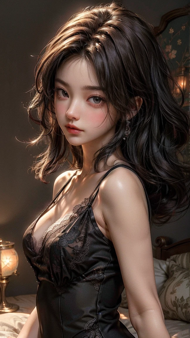15yo girl, (Bun Hairstyle). Wearing Black, off shoulder, cleavage, natural big breast, ((show big thigh, plump body)), sitting on the bed. Dark background. ((Wear black stocking, black garter)).