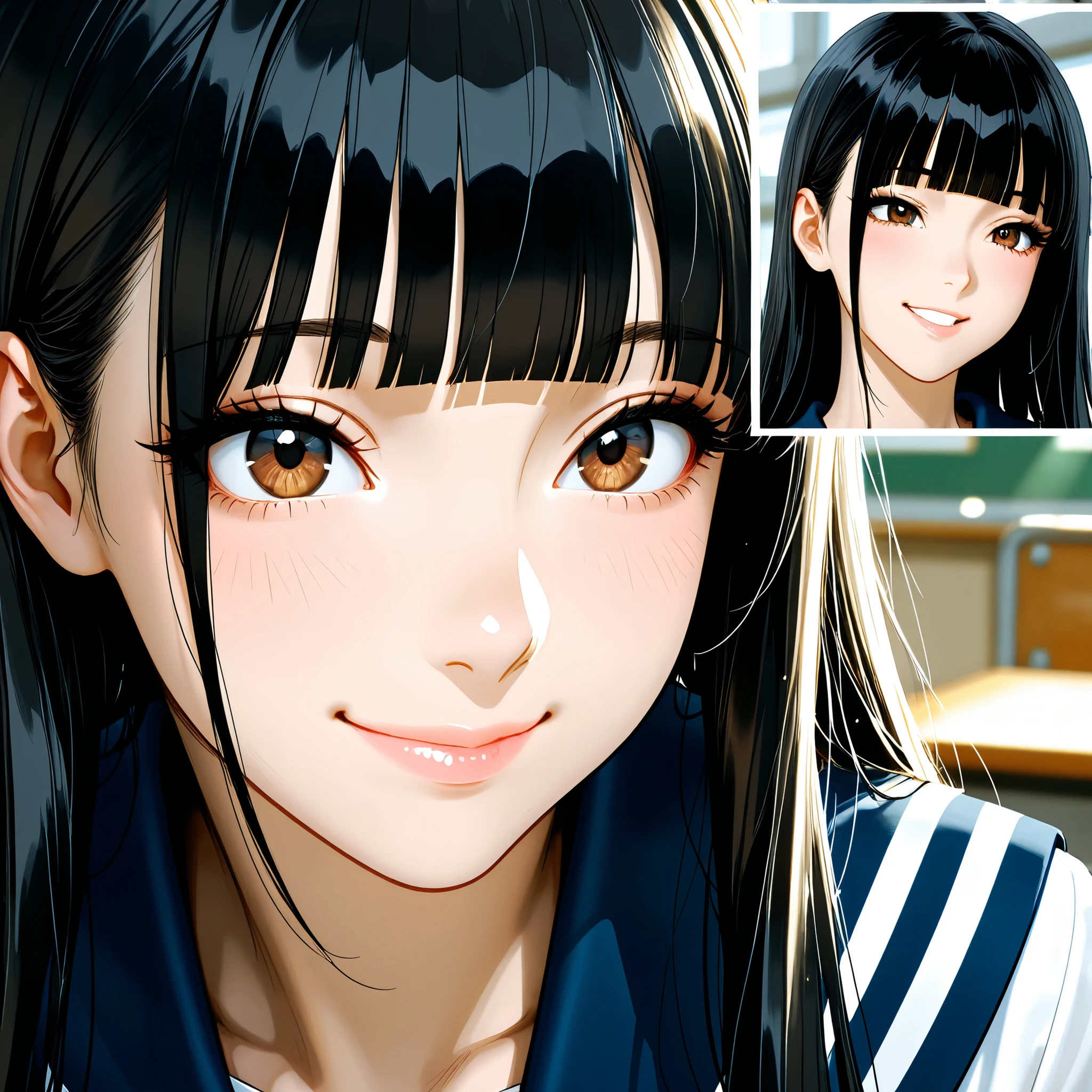 (masterpiece, Hi-Res, very high resolution, 8k, super detailed, top quality), Japanese Women, 1 high school girl, beautiful character design, tall from the school building, Clean face, (black hair, very long hair, straight hair, blunt bangs), beautifully detailed eye depiction, Expressive Eyes, brown eyes, Japanese woman who likes to be lewd, Smile, (school uniform, sailor suit), In a classroom at a school where no one else is, (face close-up:1.5)