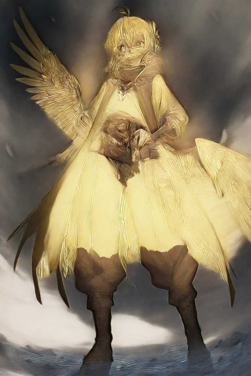 art fantastique, Toi (floor), avian, bird, here, Plumes, corps blanc, winged arms, white Plumes, Muscle, clothes, ssmile, Snow background, By meetings, by Tojo the thief, photorealistic, elegant, realistic, head of&#39;artwork, 4K, sharpness  
