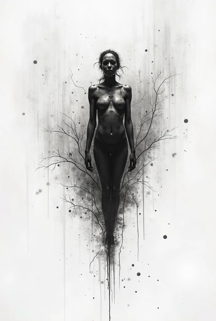 Close-up of a naked woman's abdomen (with many thorns and climbing vines on the abdomen). Artistic photography, black and white photography, grainy photo. (they tangle around her body.)