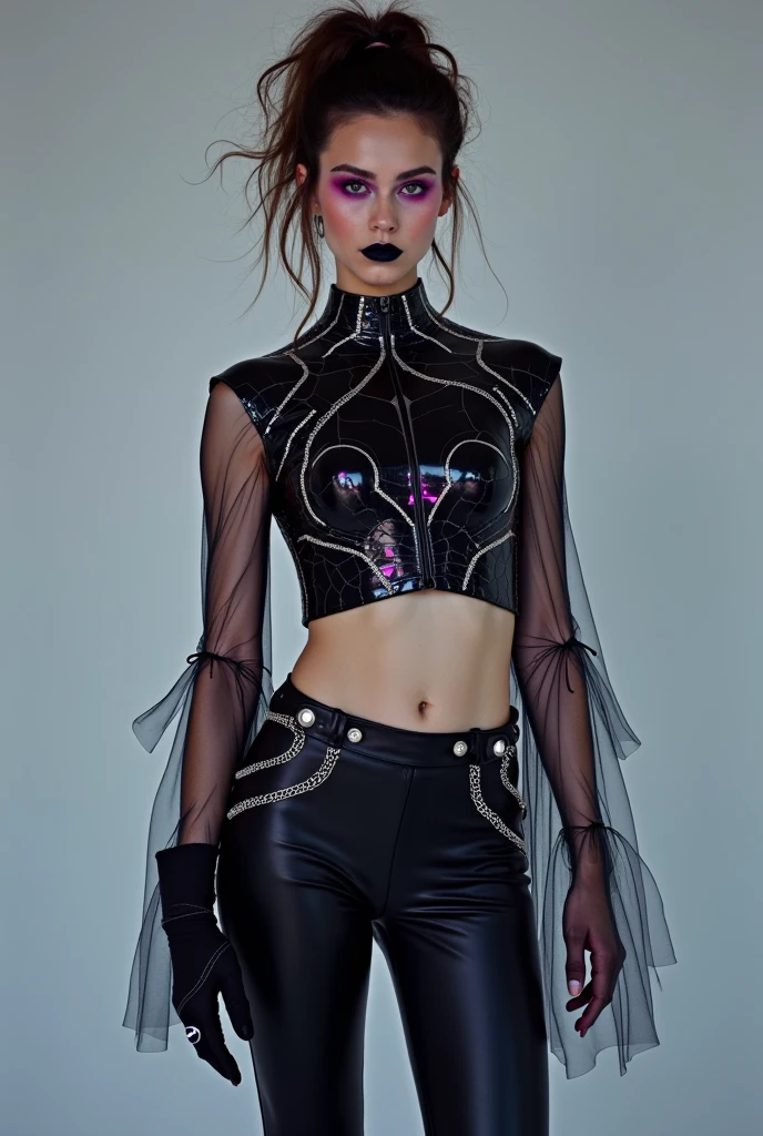 of approximately 10 years athletic gothic style with tight clothing in a realistic photographic style