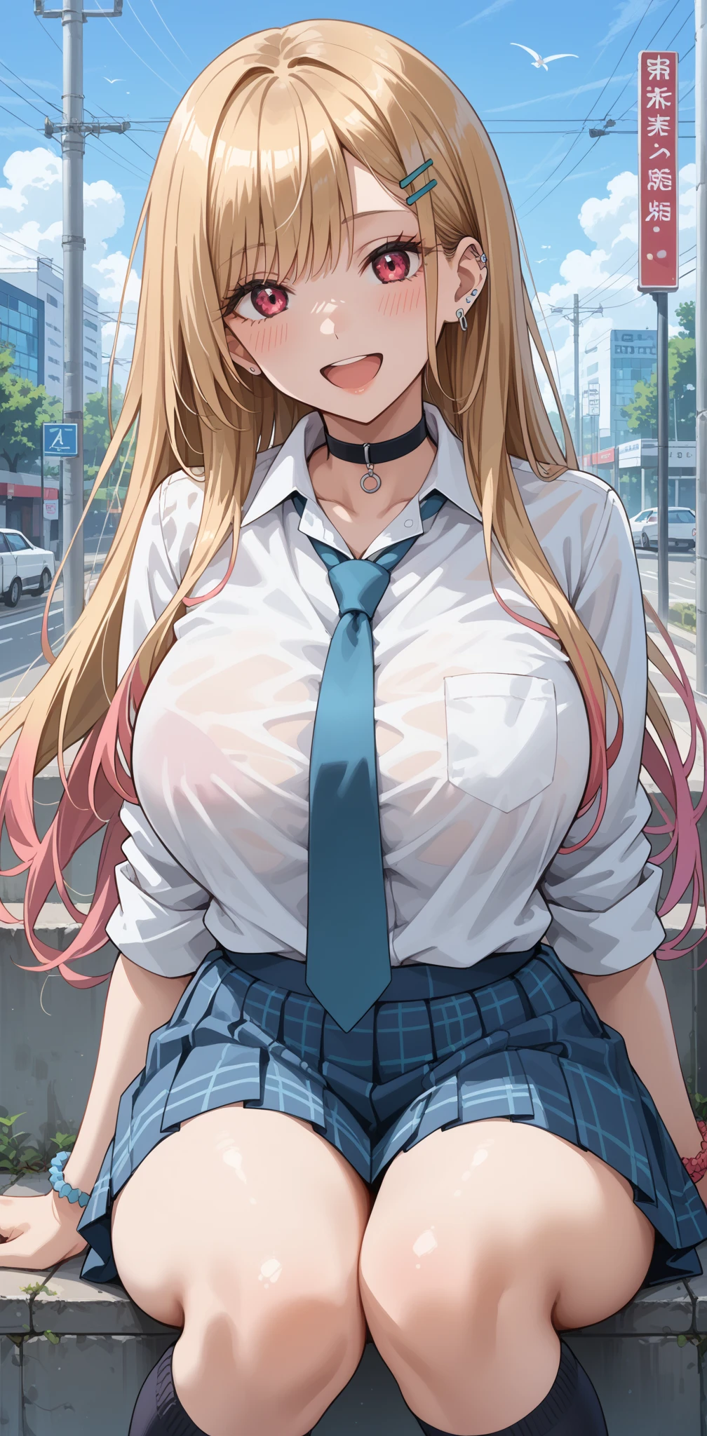 masterpiece, best quality, kitagawa marin, solo, blonde hair, long hair, multicolored hair, red eyes, jewelry, earrings, piercing, , white shirt open, black choker, (plaid skirt lift), 10yo, (petite),
embarrassed, standing, open clothes, clothes lift, bare medium breasts, nipples, Navel, pussy, (street),