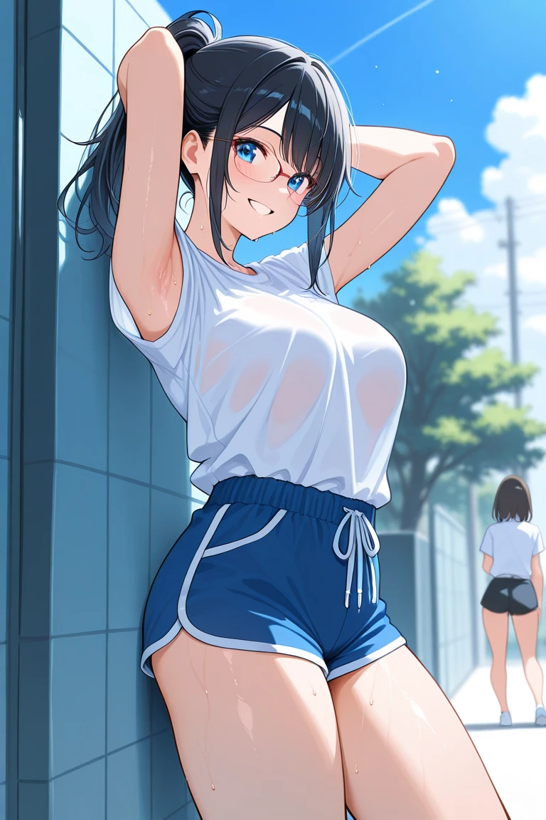 ((best quality)), ((masterpiece)), ((detailed)), (((perfect face))), (((slender 18yo teenage girl))), (((topless))), (((medium-large breasts))), ((blue soccer shorts))), ((dark brown hair)), ((short ponytail)), (((blue eyes))), ((shy:1.3)), ((blushing:1.5)), ((skinny thighs)), ((skinny hips)), (((bare arms))), (((bare shoulders))), (((bare stomach))), (((wearing soccer boots, blue soccer socks))), (((walking in stadium)))