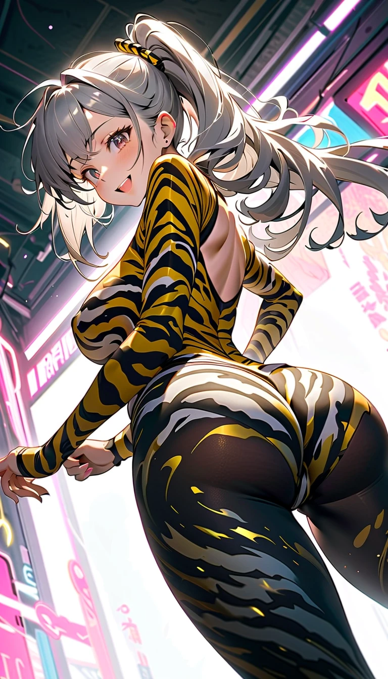 Butt Enhancement Zoom((10 year old girl with braided black hair))Realistically、(Keep your head low、Get on all fours with your butt sticking out、)Emphasize the tail、Open sexy look、Emphasize cleavage、(((Wearing a white leopard print bodysuit)))、Various sexy poses、background (Arc de Triomphe at night)