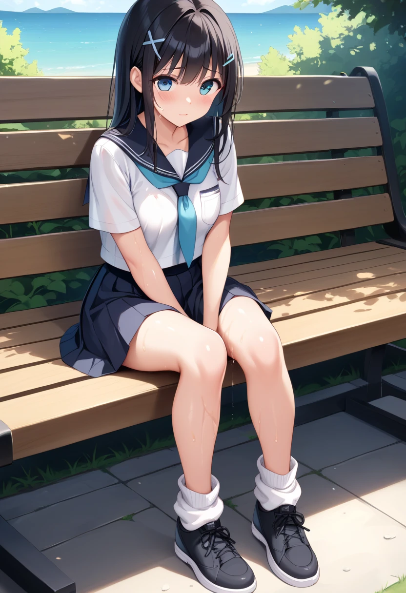 ((anime:)),,((best quality)), ((highly detailed)),(((sketch:1.25))) extremely detailed face, beautiful face,((1girl)),((solo)),shiny skin,((full body:1.35)),looking at viewer ,hikawa hina,(aqua hair) , side braids, twin braids, hair bow,, nipples,large areolae,nsfw,((serafuku:1.55))(red ribbon:1.15),((short sleeves:1.15)),((pleated skirt,mini skirt:1.15)) ((skirt lift:1.35)),,((pussy:1.35)),outdoors,,,((park,bench:1.35)),((sitting:1.35)),((sit on bench:1.35)),((nose blush:1.25)),(bad mood,,smile:0.895),open mouth,knee socks,(black socks:1.15),BREAK (dark brown loafers:1.15),,((spread legs:1.25)),(arm behind back),,
