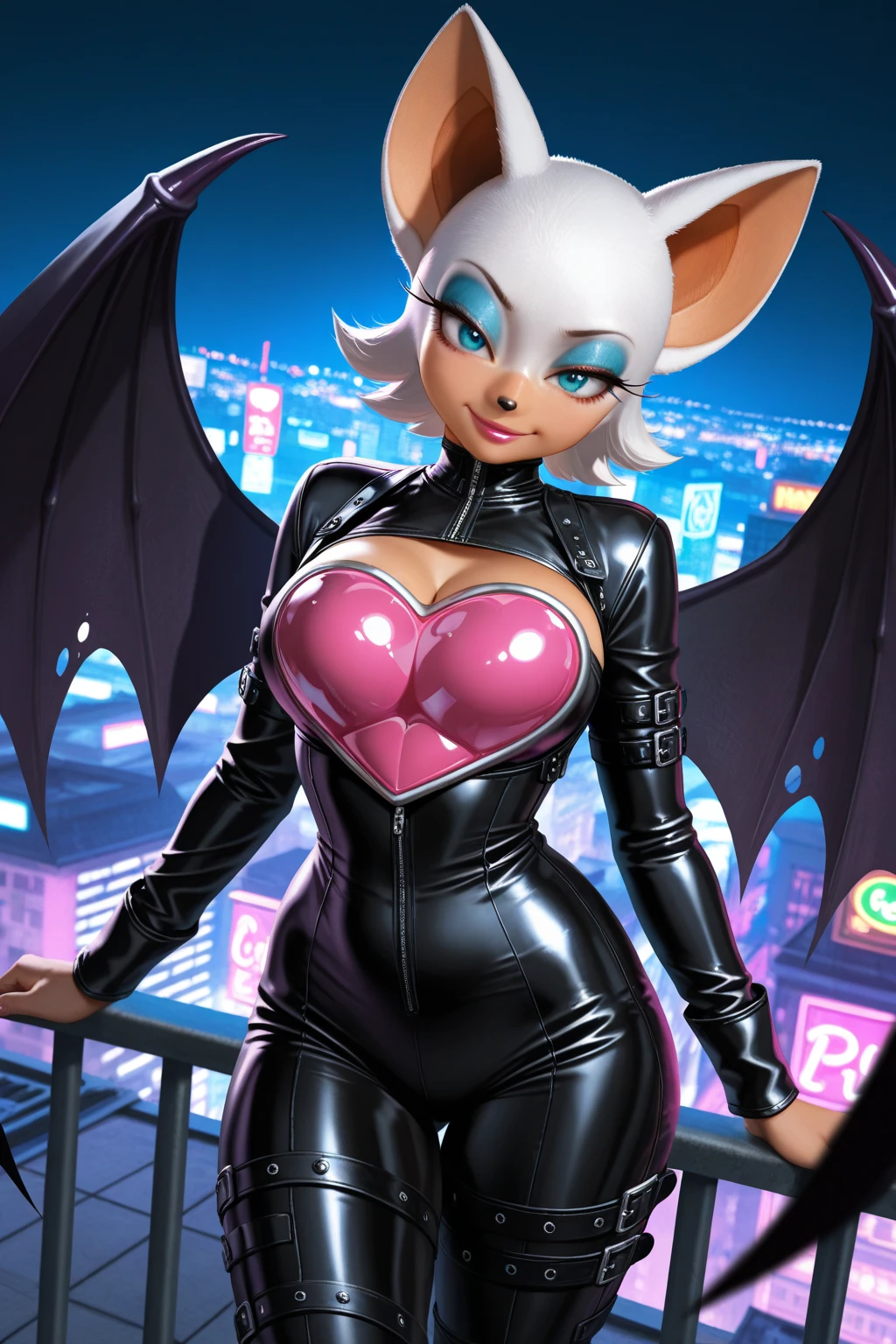 (masterpiece), best quality, expressive eyes, perfect face, (city at night with neon lights background), (standing), (smirk), (cleavage view), (1girl, age 18+, sofia vergara, Latina, dark skin, tanned skin, white hair, white hair, white hair, short hair with bangs, bob hairstyle, hazel eyes, hourglass figure, thin body, skinny body, petite_body, large breasts, huge breasts, oppai, large cleavage, wide hips, thick thighs), (rouge_the_bat_cosplay, pink_bandeau_top, cameltoe, black devil wings, black devil wings, black devil wings),