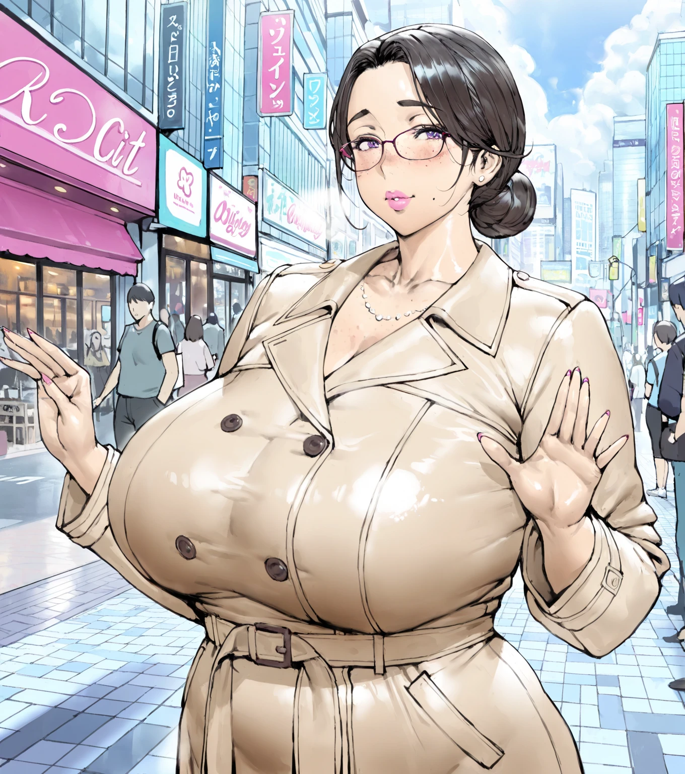 ((1milf, walking, in crowded Ginza)), detailed eye, (((showing hairy armpit hair))), sweating, brushing, (huge sagging breasts), (bodycon, French twist updo hair), (realistic), HDR, (((looking away))), 8k, ultra HD, masterpiece, ((dating atmosphere)), ((smiling, dark nipples:1.3)), hand behind the head, handbag, stomach hair, (bukkake, cum on armpit)