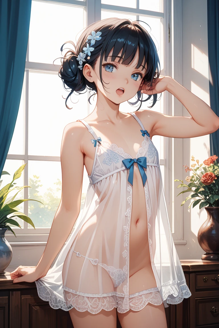masterpiece, best quality, perfect anatomy, 1girl, solo, black hair, fine detailed shiny aqua eyes, long hair, ((ponytail hair)), ((blush)), light smile, middle chest, (transparent white hoodie top), ((blue denim shorts undressing)), no shorts, (looking at viewers), no sleeves, window, day, (realistic white panties), bottomless, loli, bare legs, bare arms, close mouth, bedroom, undressing, crotch seam, cameltoe