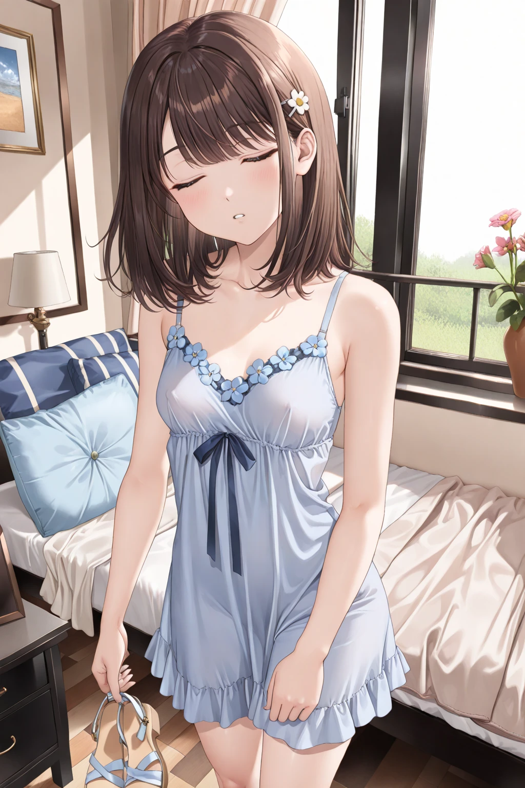 ((masterpiece)), ((best quality)), ((ultra detailed)), ((kawaii)), cute, (lovely), ((extremely detailed)), ((8K)), (beautiful), full body, luxury room, a cute girl, 1girl, solo, blue mini camisole dress,beautiful light brown hair, ((detailed beautiful brown eyes)), white-skinned, long hair, flat breast, tiny breast, garter belt,standing,(nfsw:1.4)