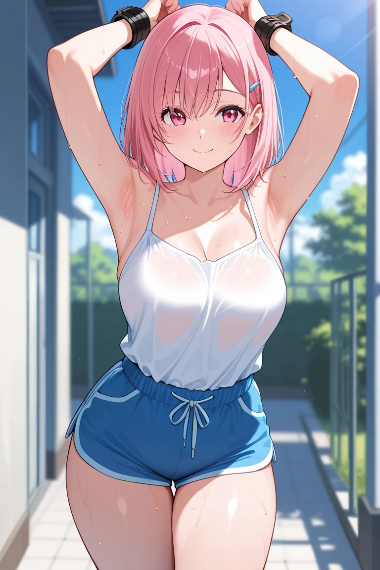 8k,Highest,quality,(highest quality:1.1), (masterpiece:1.4), (Confused:1.0), 
1 person, Deviluke Type, hair ornaments, Bobcut, Short Hair Pink Hair, Purple eyes, Narrow waist,medium breasts, ((Navy blue school swimsuit)), ((((In her room)))), (blush:1.2), smile,（Perfect Fingers）, sexy pose, arms behind heads,naked, squatting,open legs,pov ,Heavy breathing,((Pussy Line)),
