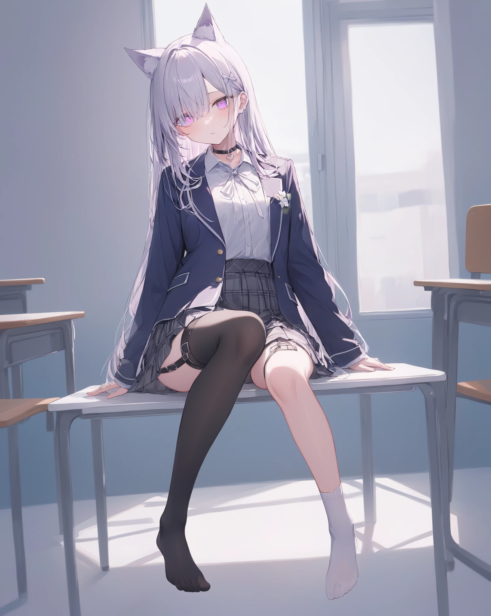 rezeroemilia, emilia, Braid, crown Braid, flower, hair flower, hair ornaments, hair ribbon, long hair, headlock, purple eyes, pointy ears, white flower, x hair ornaments, close your mouth,red glasses, end, black suit jacket, collared jacket, white dress shirt, collared shirt, neckline, button, strap, ID card on the neck, black pencil skirt, black pantyhose stiletto heels,PC on desk,sitting cross-legged on a chair,
break indoors,office,
break (masterpiece:1.2), highest quality, High resolution, unity 8k wallpaper, (shape:0.8), (beautiful and detailed eyes:1.6), highly detailed face, perfect lighting, Very detailed CG, (perfect hands, perfect anatomy),