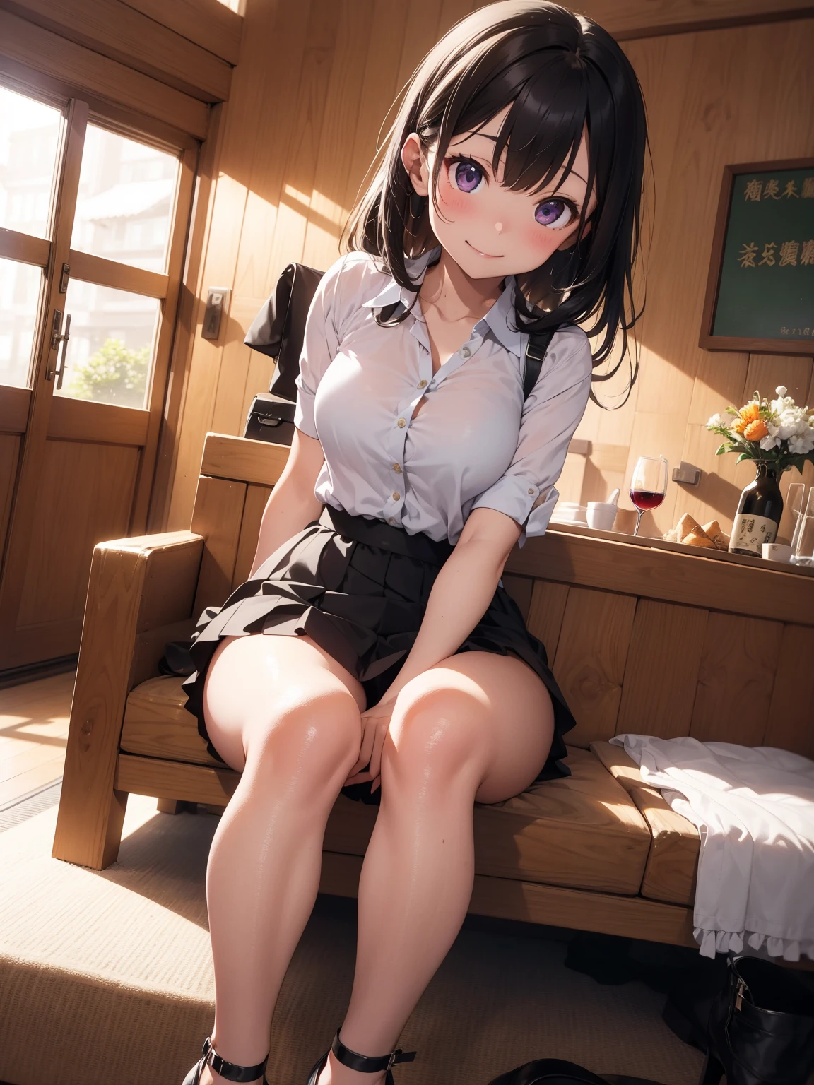 very cute and beautiful girl,(Very detailed美しい顔), (smile),blush,Black Hair,Seraphim,(White Hair、long hair),(White Shirt、Pleated navy blue pread your legs、Squat)、Sitting、(From below)、(Lace panties), Country road, (Highest quality,masterpiece:1.0),Absurd,High resolution,Super detailed,Very detailed,32K,8k resolution, Intricate details,Movie Scenes,Detailed Background,alone,Dynamic Angle,