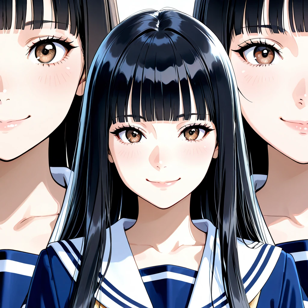 Navy blue school swimwear,ponytail、blunt bangs、Black Hair、super fine illustration,(((beautiful fine hair))),(((beautiful fine face))),(((beautiful fine background))),Midsummer、beachBlack Hair、student、、ponytail、blunt bangs、Cross-eyed